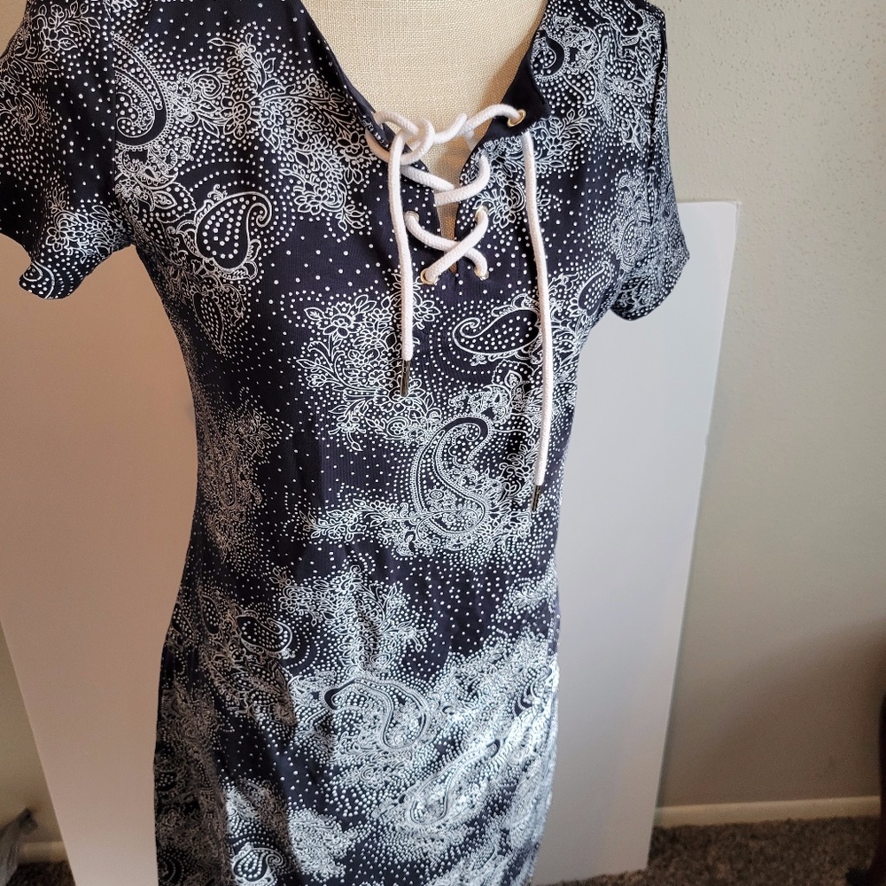 Tommy Hilfiger Navy Paisley Lace Up Mini Dress Women's Small Petite NWOT